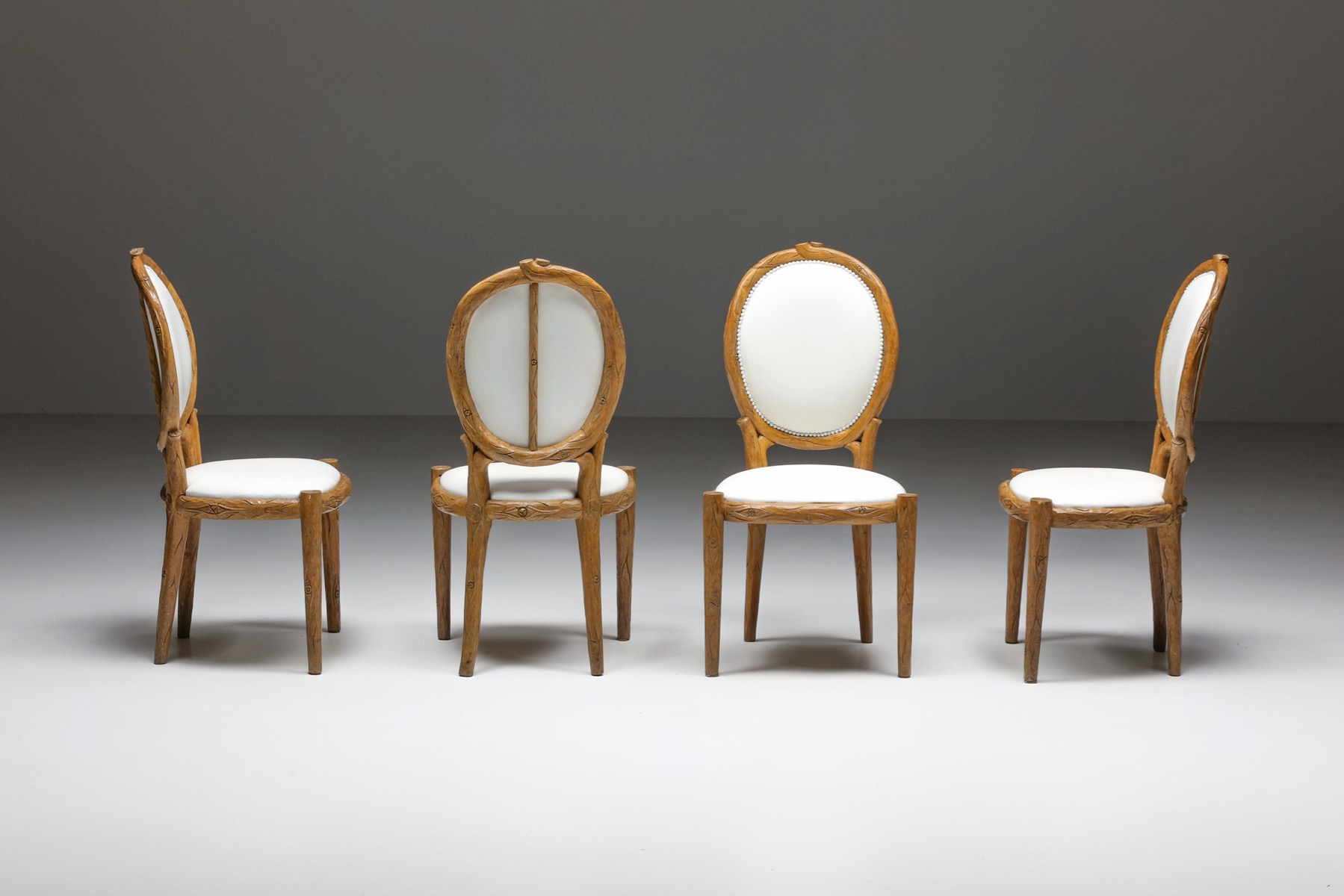 1960s hand carved wooden dining chairs in Thonet style