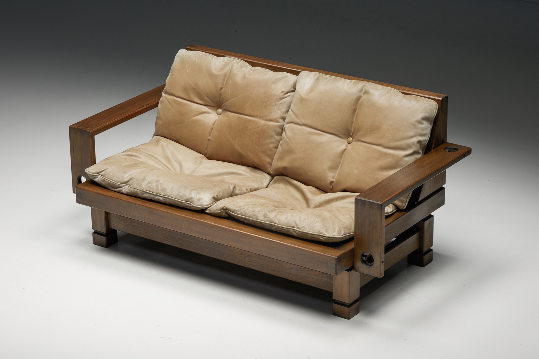 1960s wooden two seater with leather seat in French design
