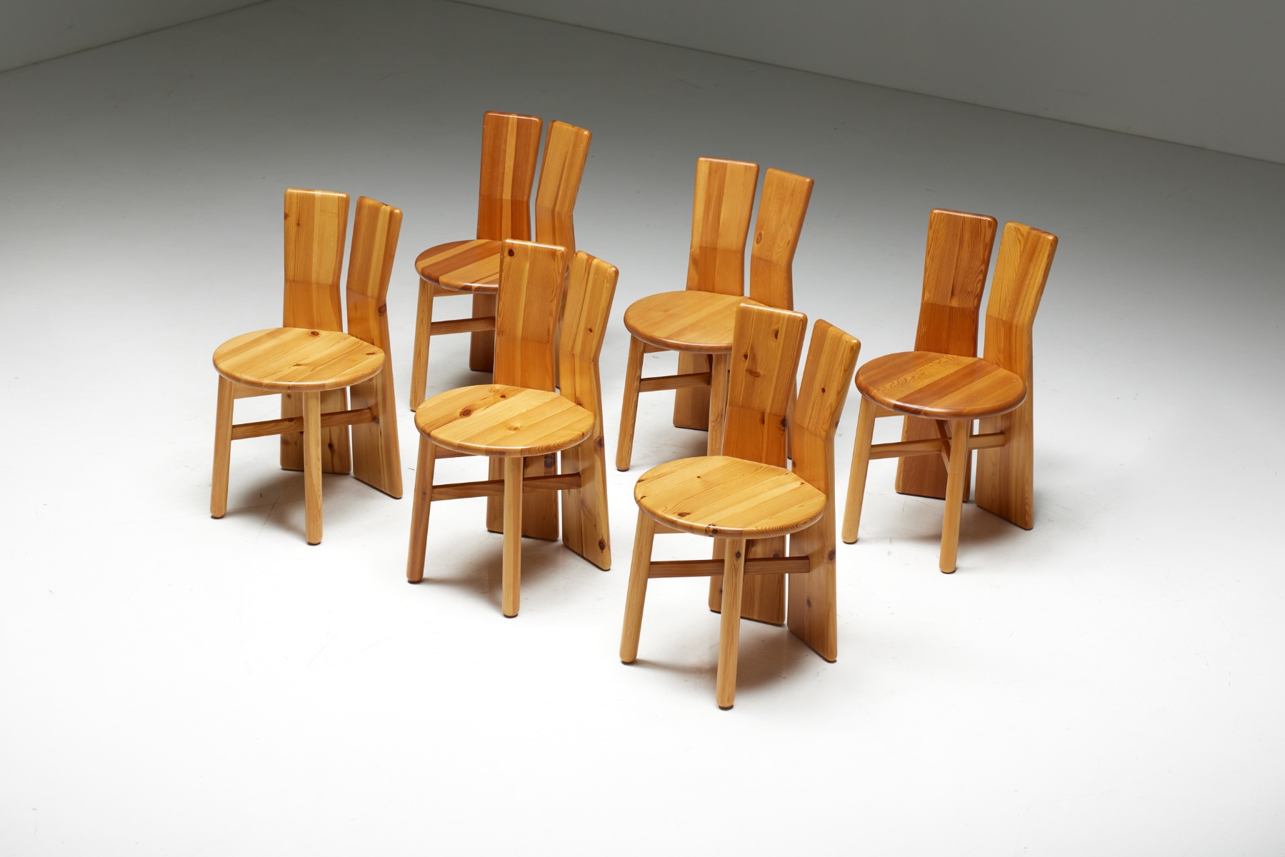1970s brutalist dining chairs in pine wood