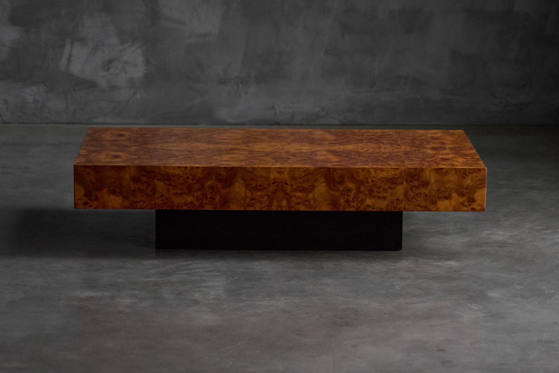 Luxury burl wood coffee table with rich veneer, 1970s style