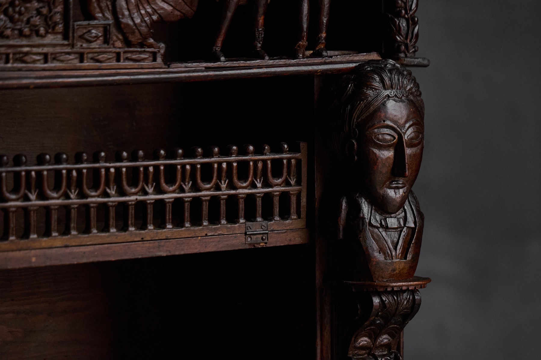 Expressive carved wood bookcase from the 19th century featuring intricate relief panels