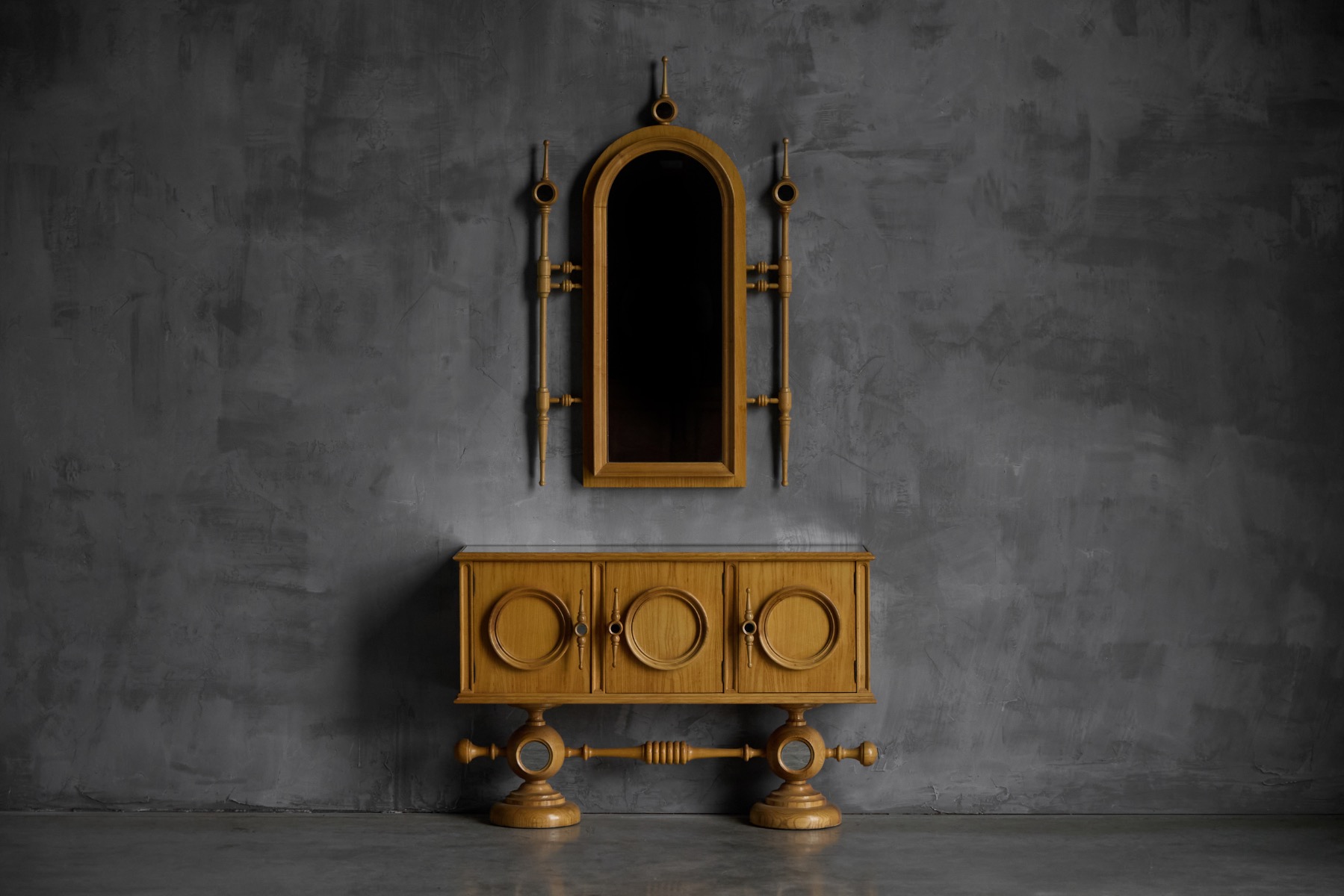 1960s revival vanity cabinet in architectural furniture style
