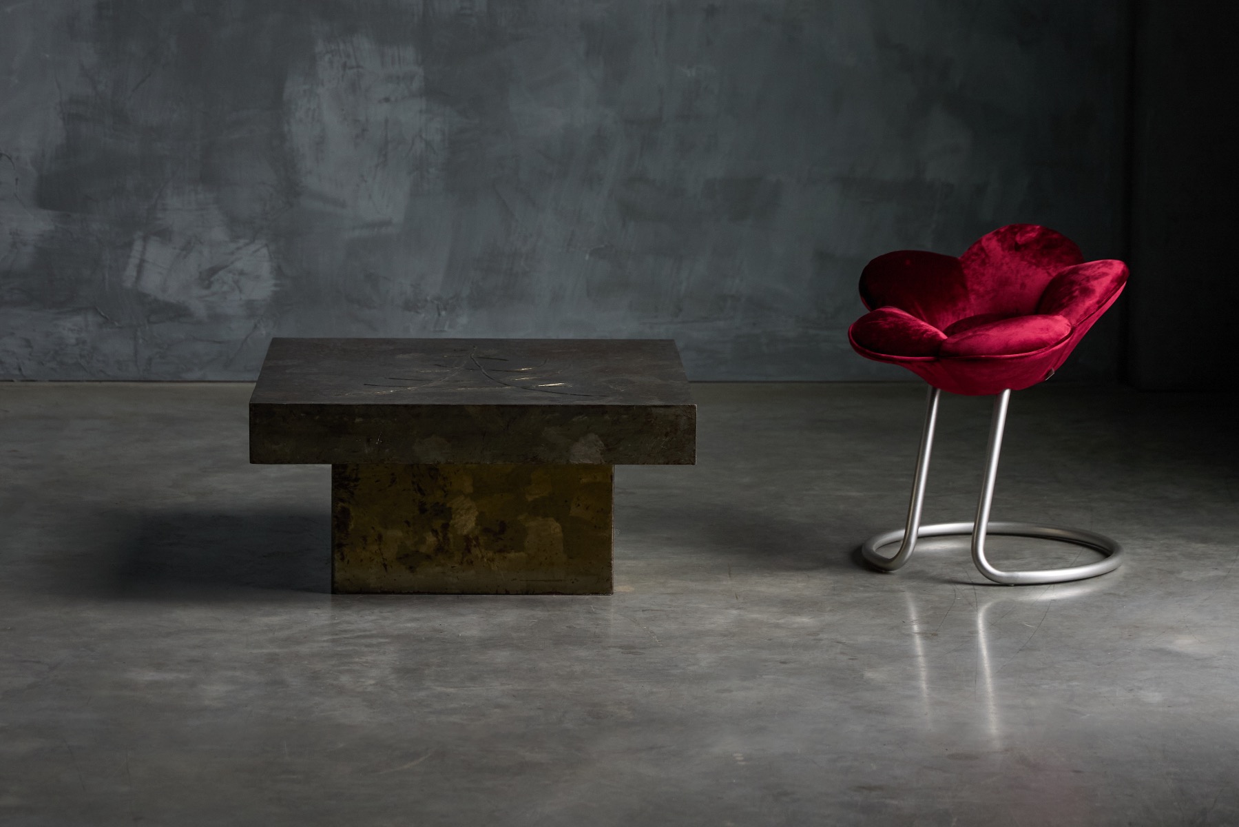 Industrial steel coffee table with brutalist design