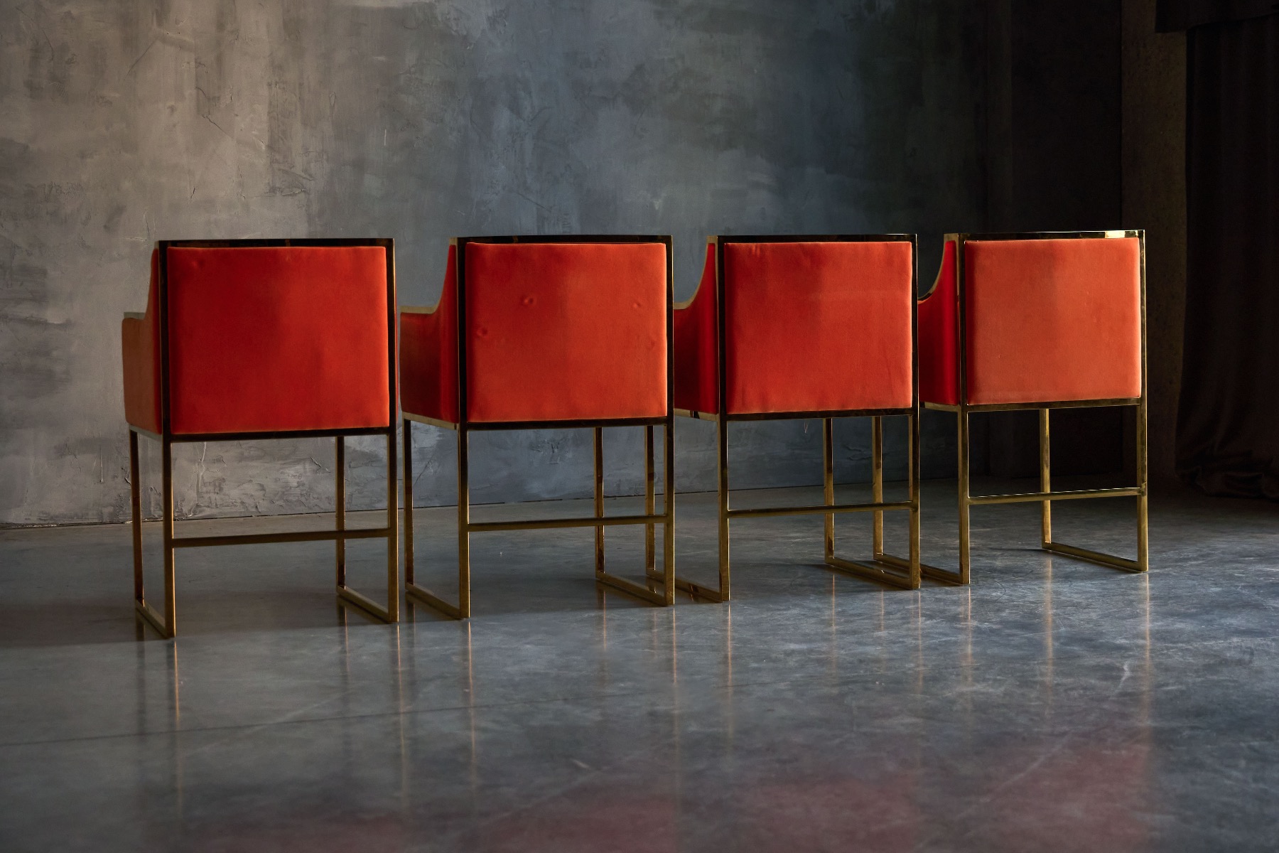 Luxury Maison Jansen chairs with brass frame and velvet seat