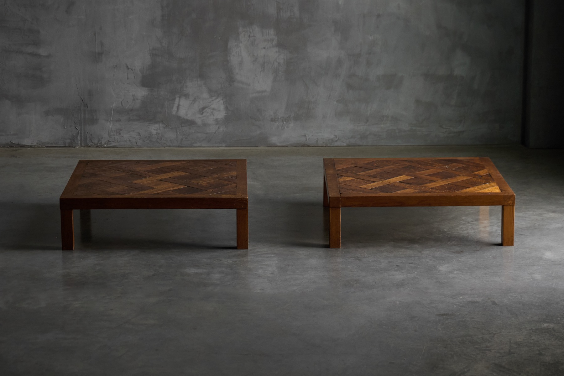 Vintage brutalist parquet coffee table with strong geometry