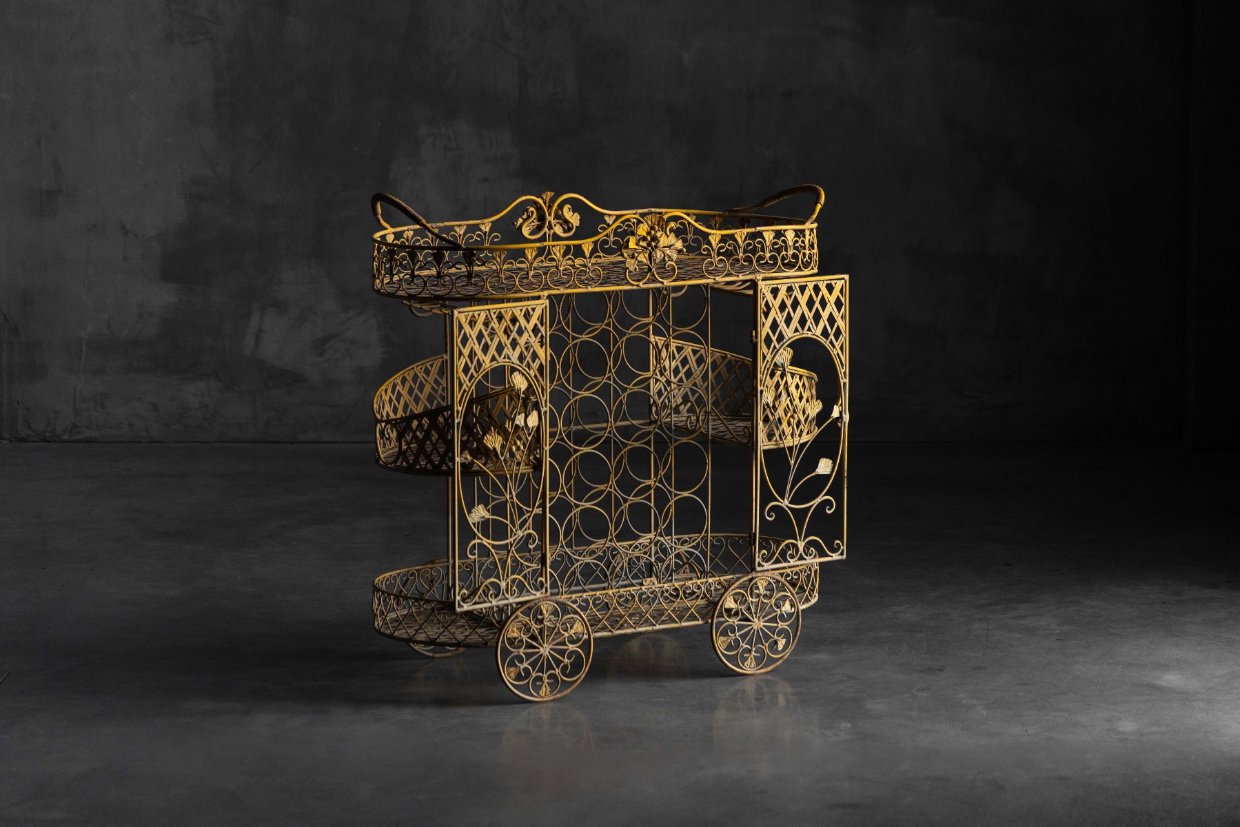 Vintage cast iron serving trolley with utilitarian design