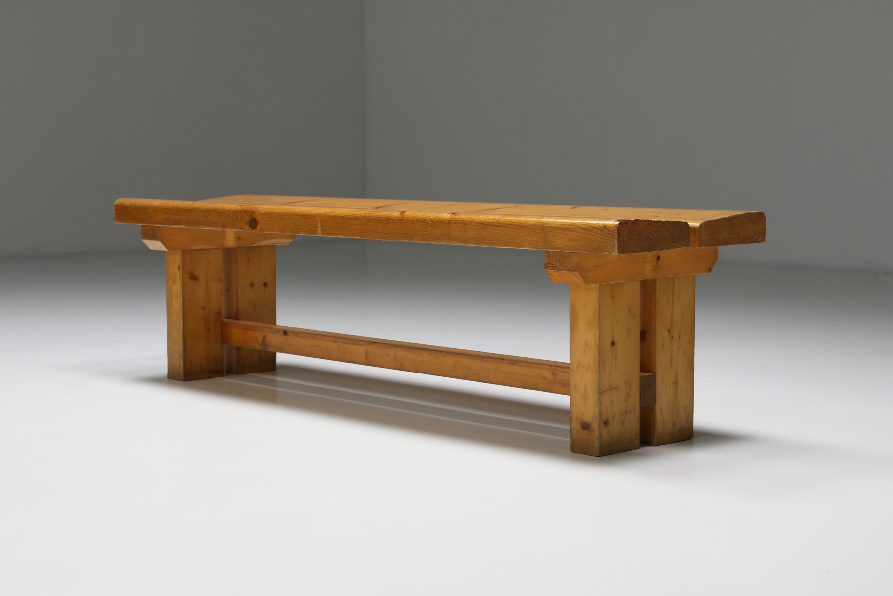 Vintage Les Arcs pine bench by Charlotte Perriand from the 1970s