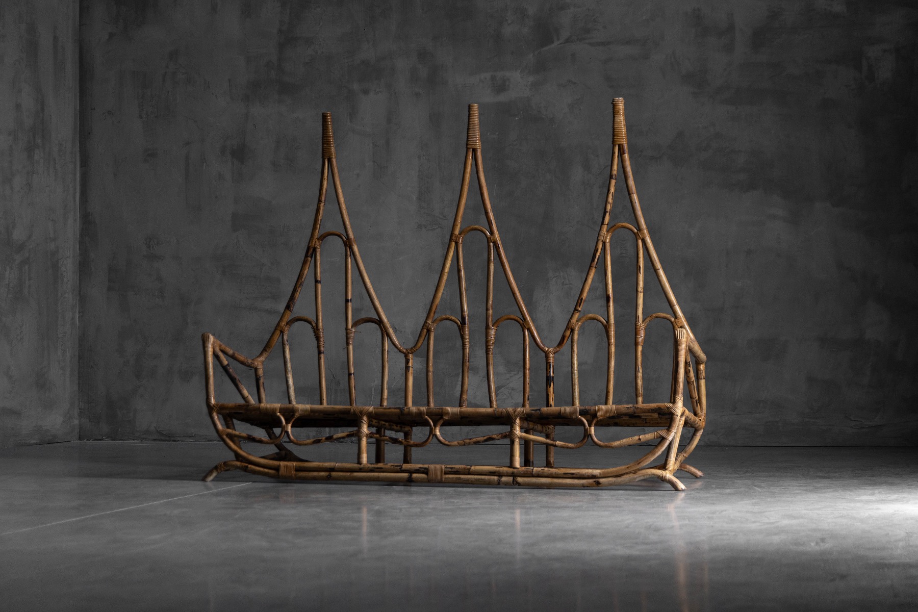 Vintage sculptural bench crafted from bamboo