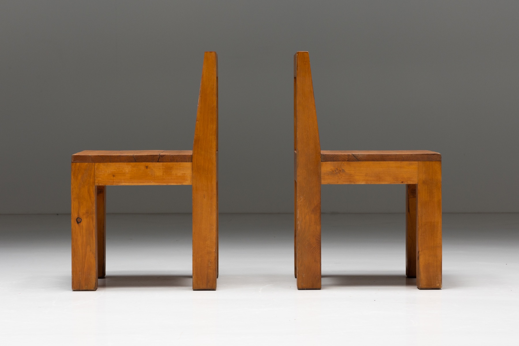 Brutalist Chairs in Solid Pinewood - 1970s