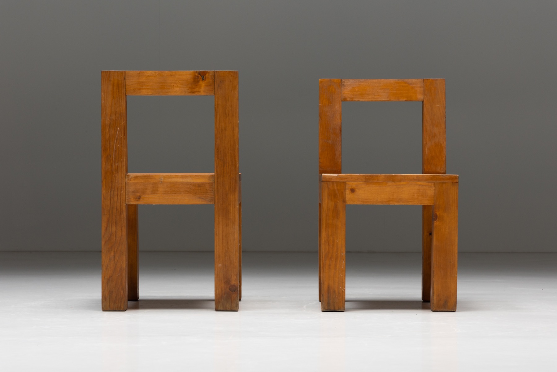 Brutalist Chairs in Solid Pinewood - 1970s