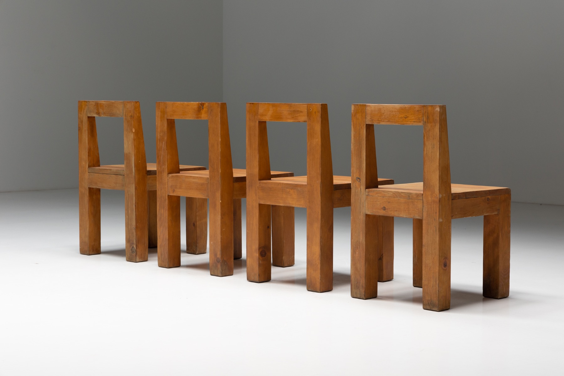 Brutalist Chairs in Solid Pinewood - 1970s