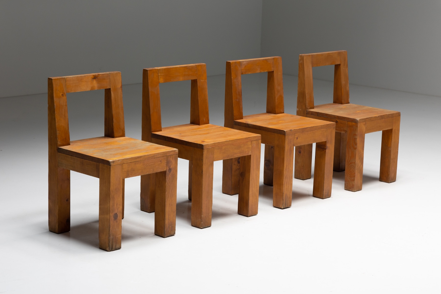 Brutalist Chairs in Solid Pinewood - 1970s