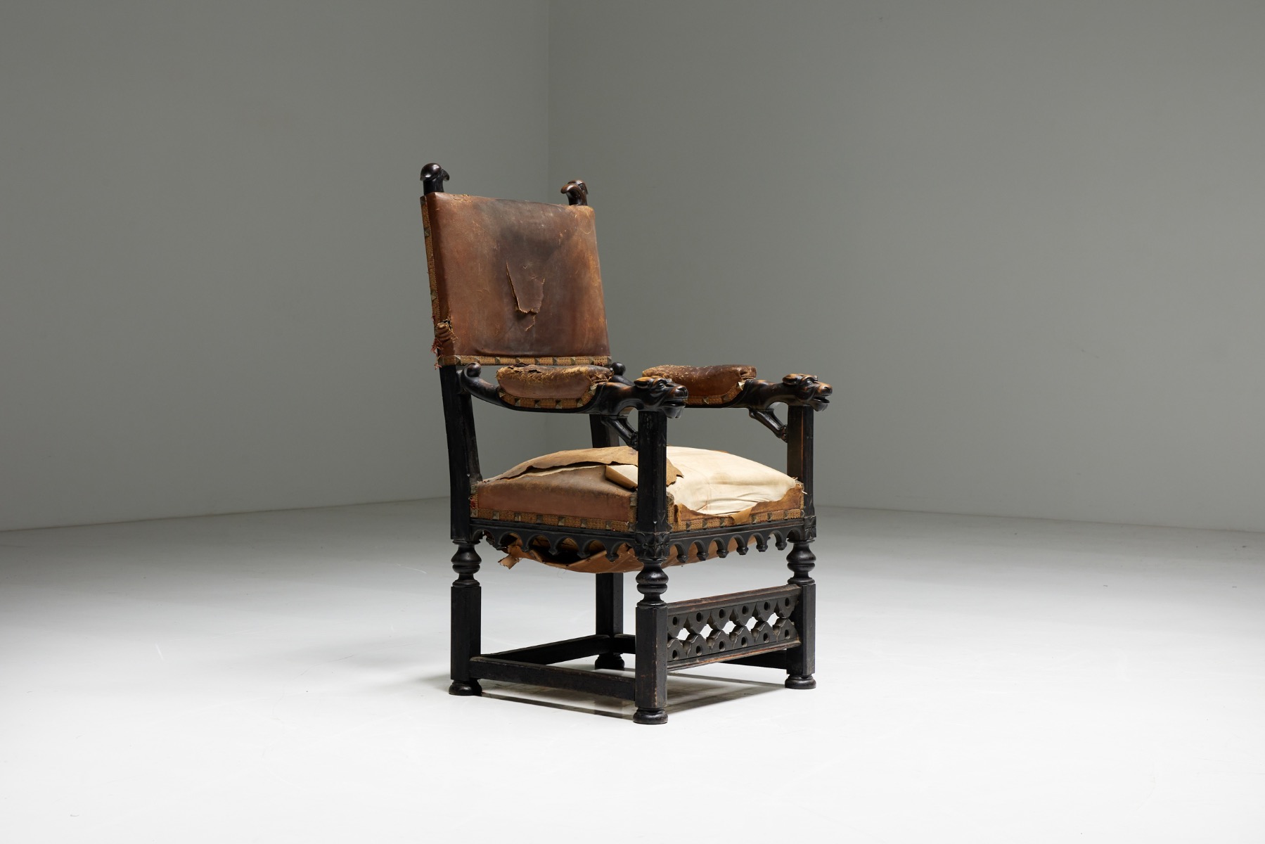 Carved Throne Armchair in Gothic Style - 20th Century