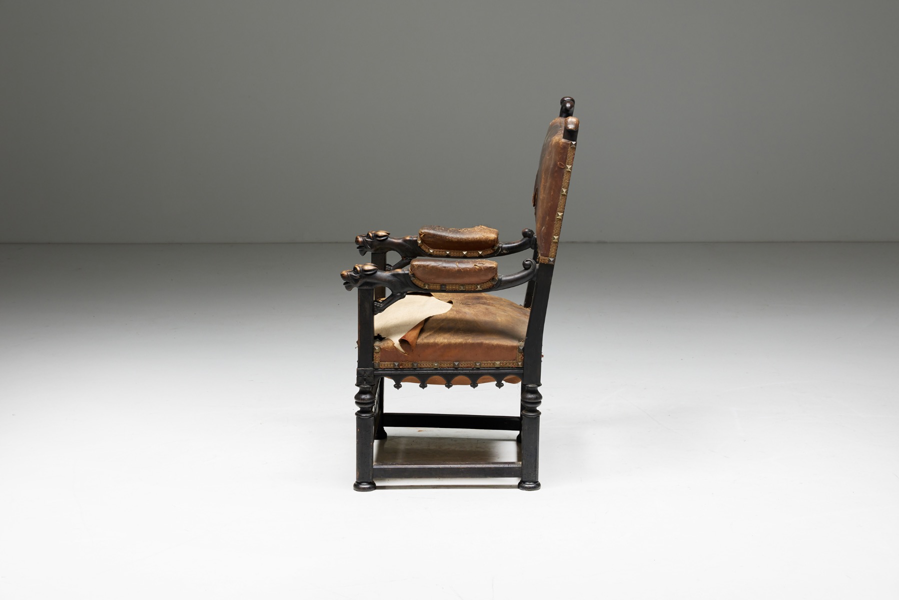 Carved Throne Armchair in Gothic Style - 20th Century