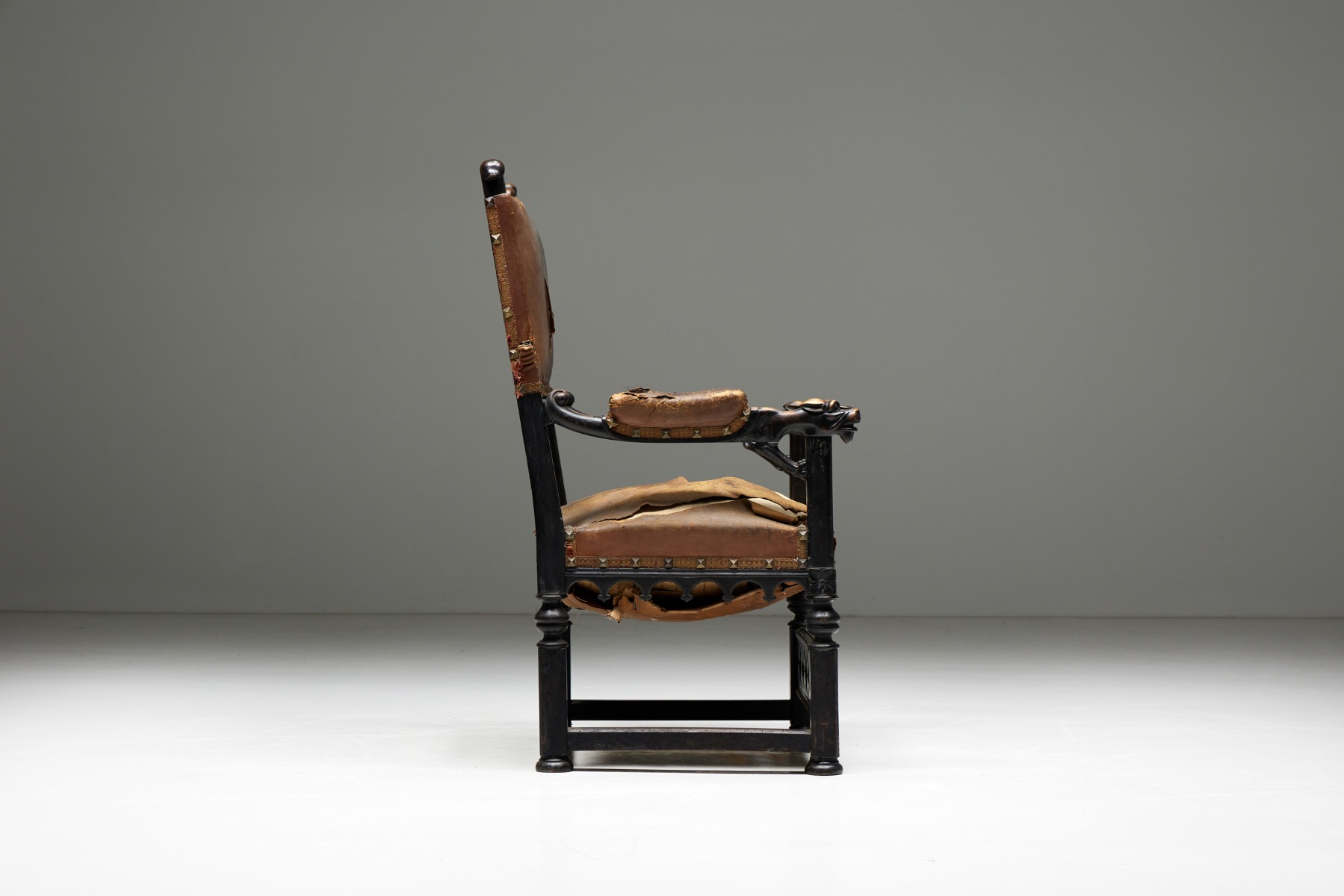 Carved Throne Armchair in Gothic Style - 20th Century