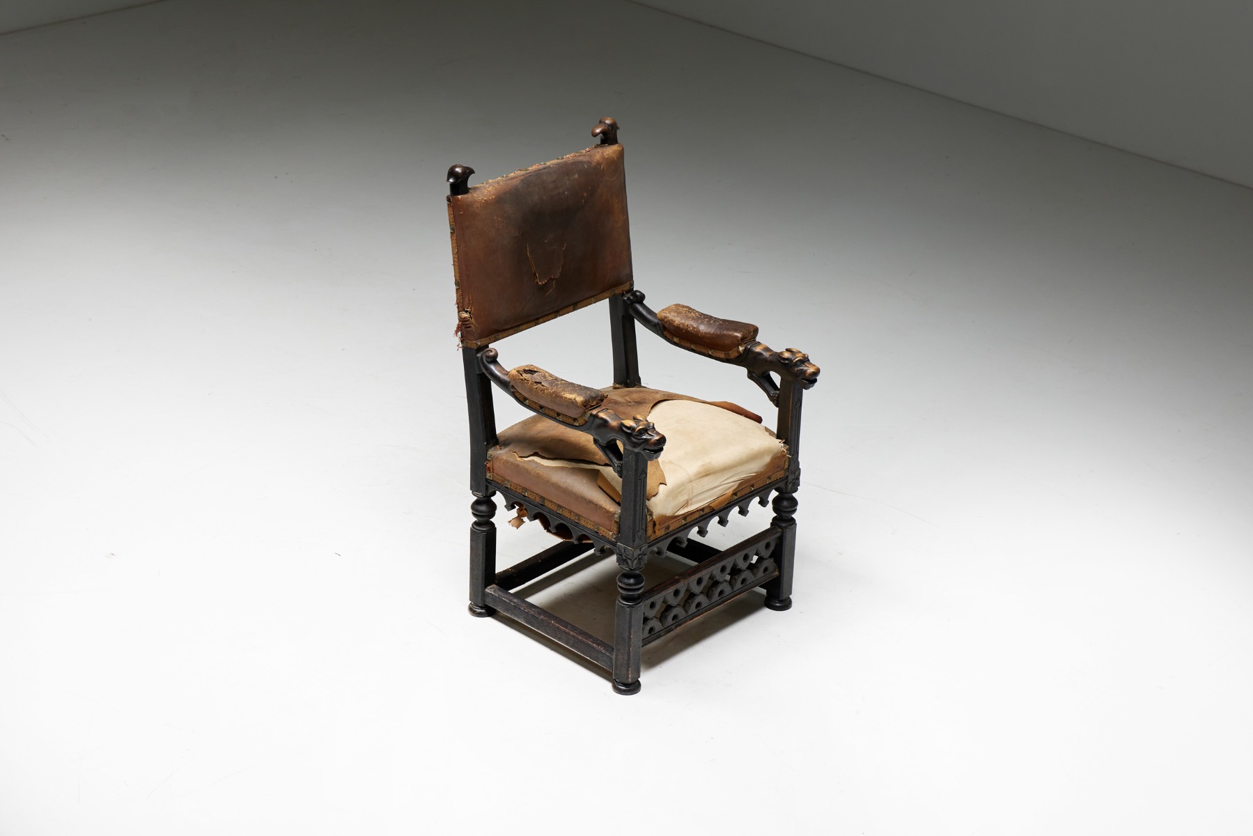 Carved Throne Armchair in Gothic Style - 20th Century