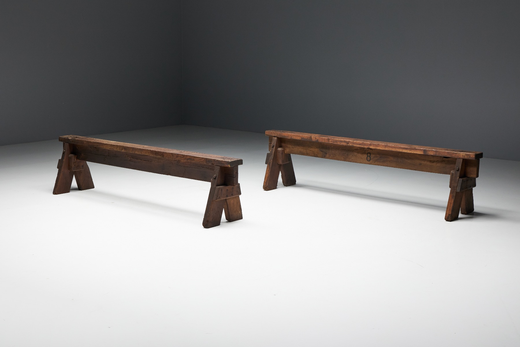 Antique folk art benches in solid wood