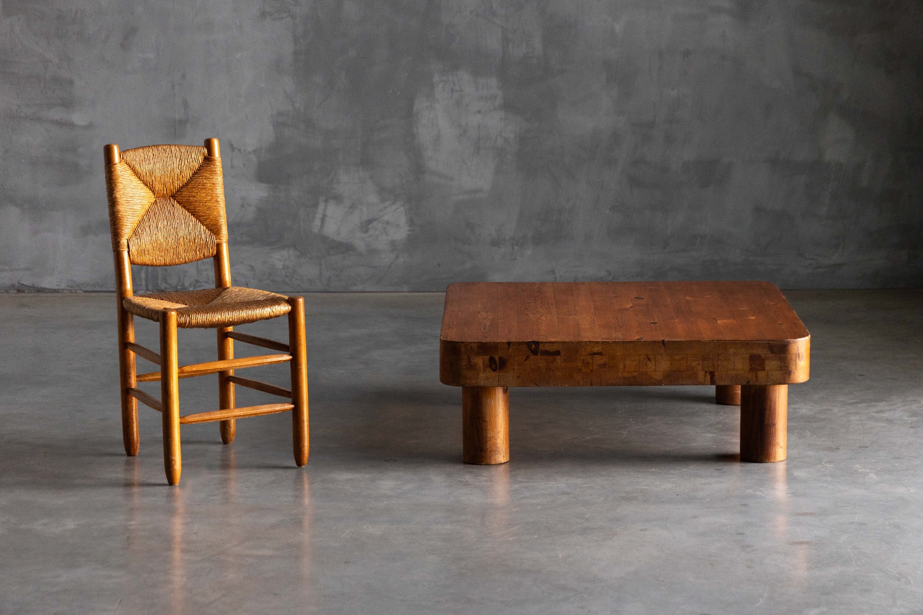 Brutalist wooden low coffee table crafted in pine, 1960s