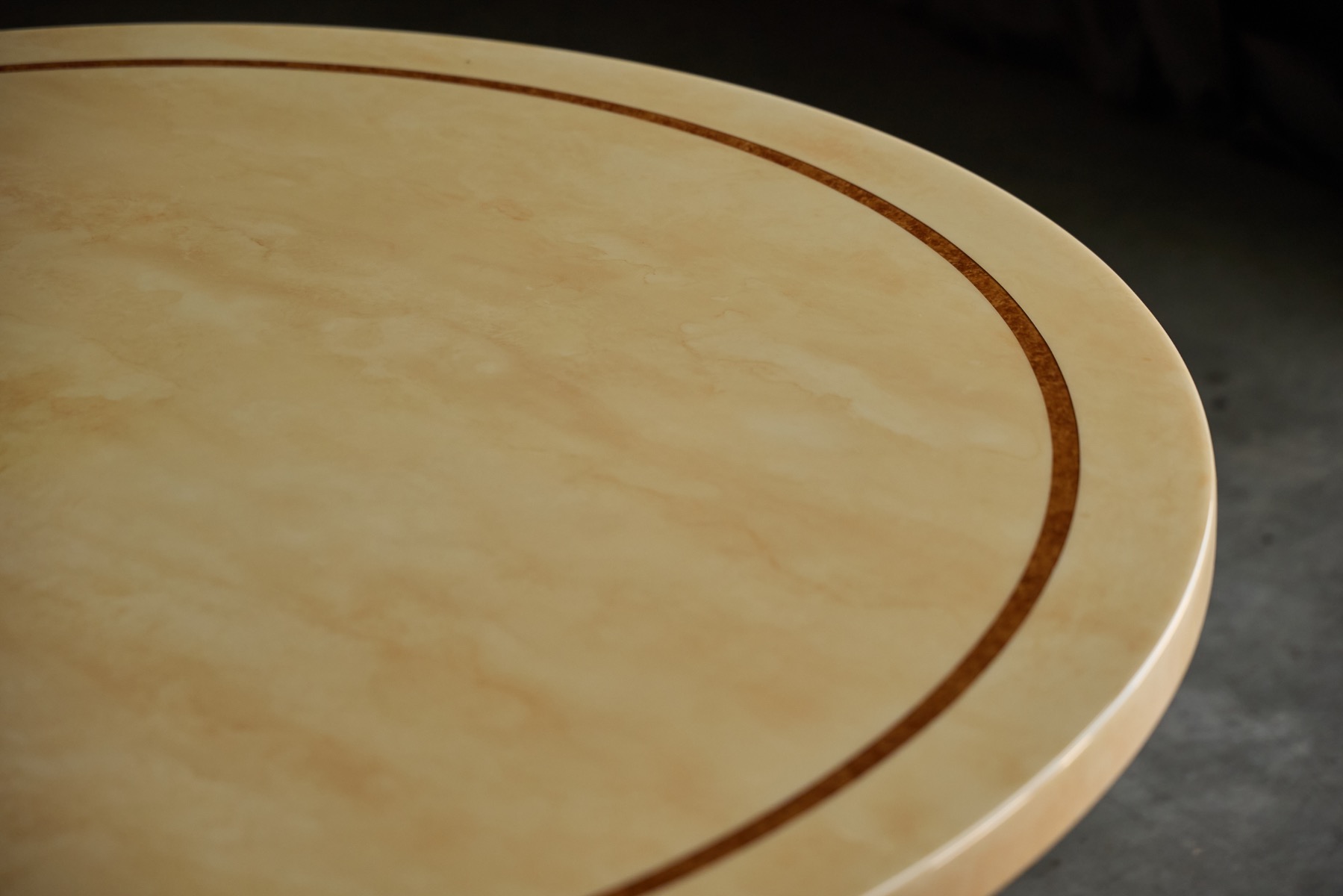 Sculptural lacquered table with faux marble surface by Jean Claude Mahey