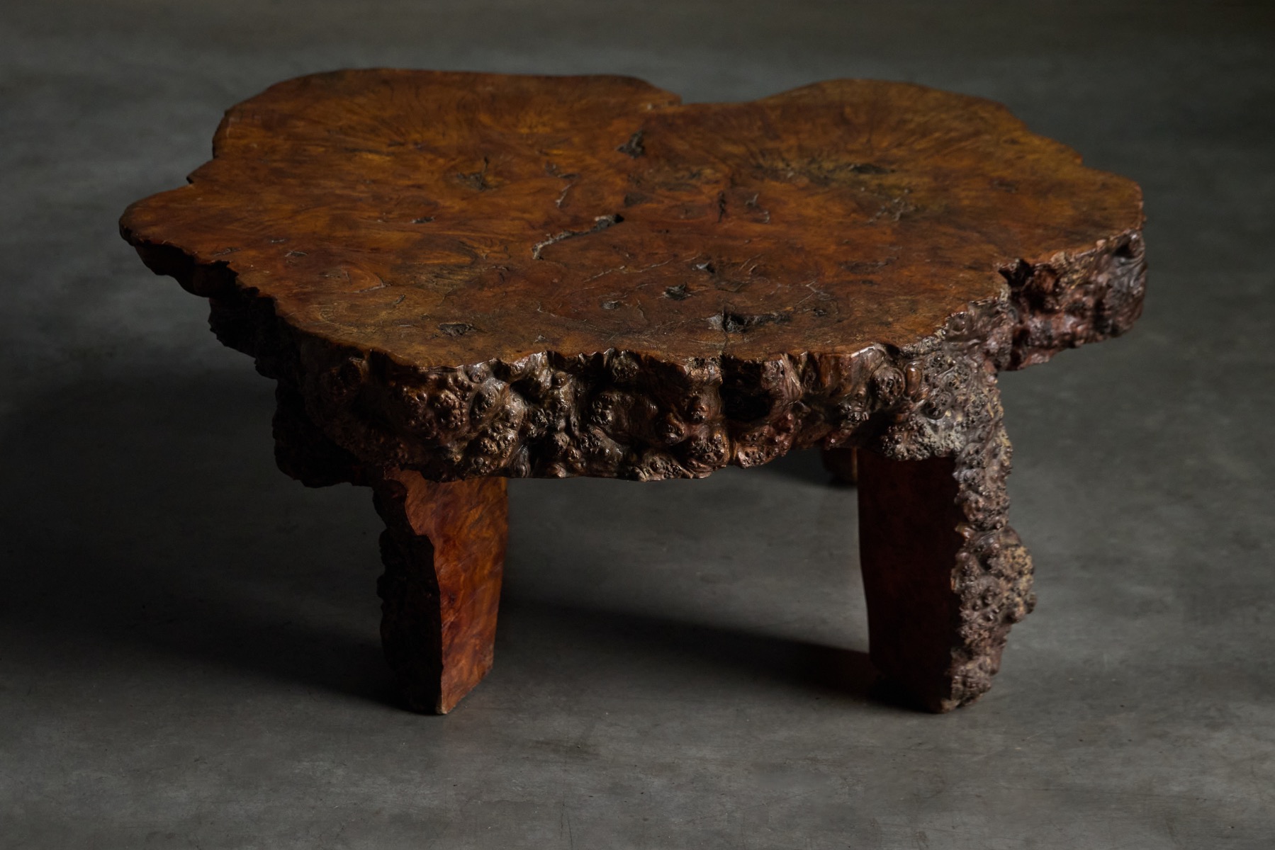 French organic burl wood coffee table crafted circa 1950