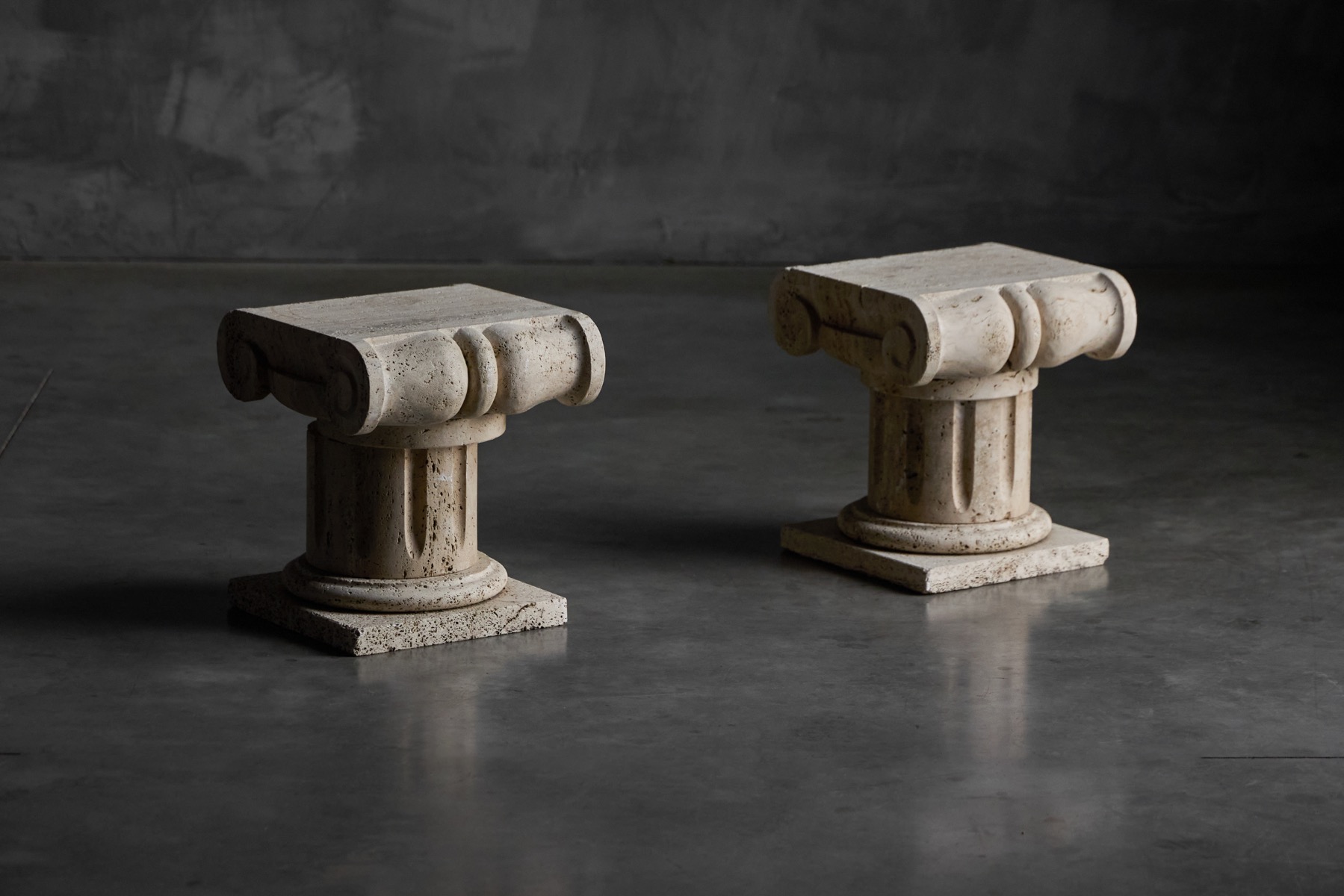 Travertine side table with sculptural Ionic capital motif, Italy late 20th century 