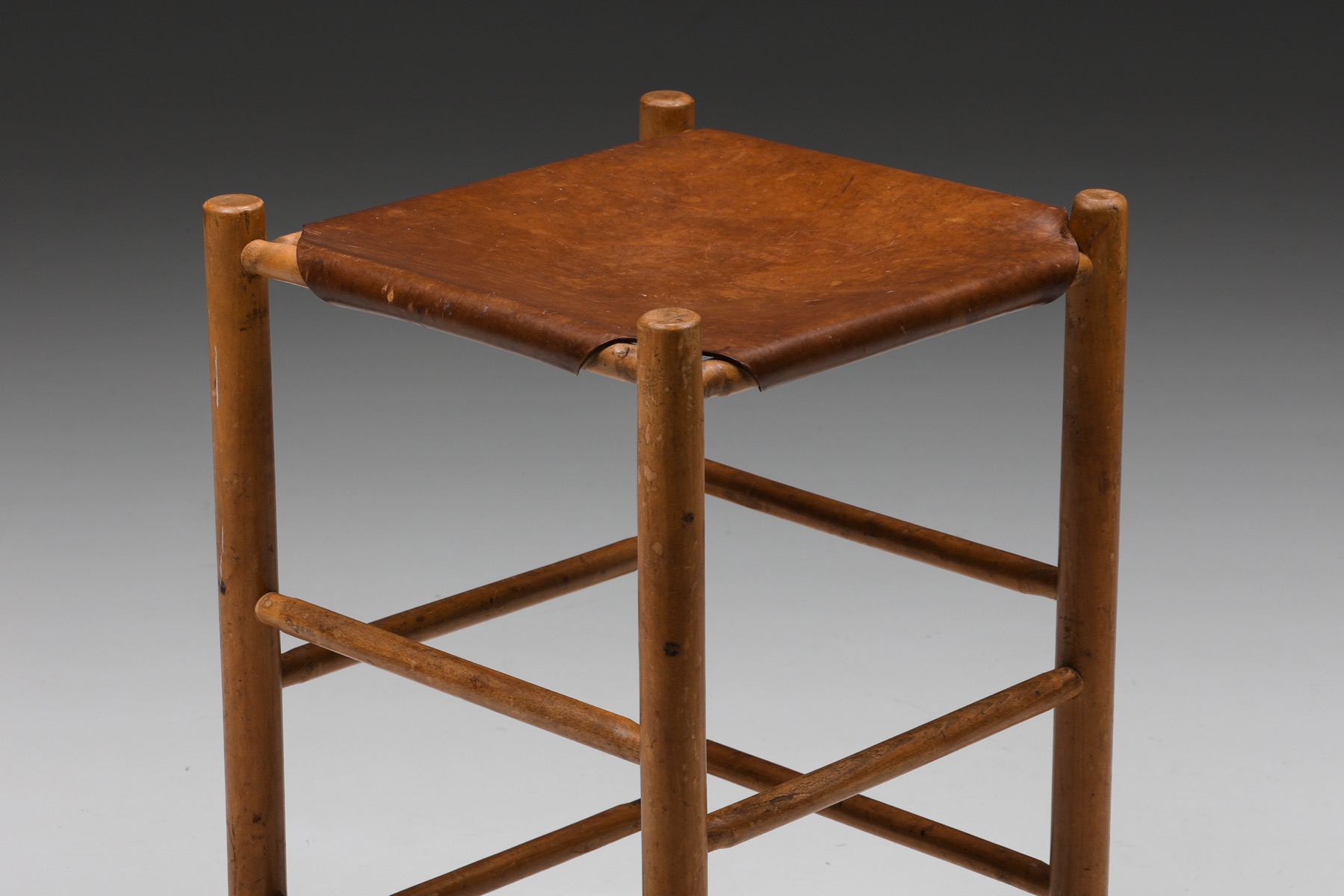 Mid century French barstool in wood and leather