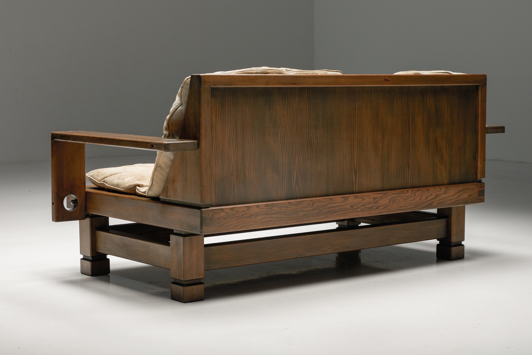 Mid century French two seater in wood and leather