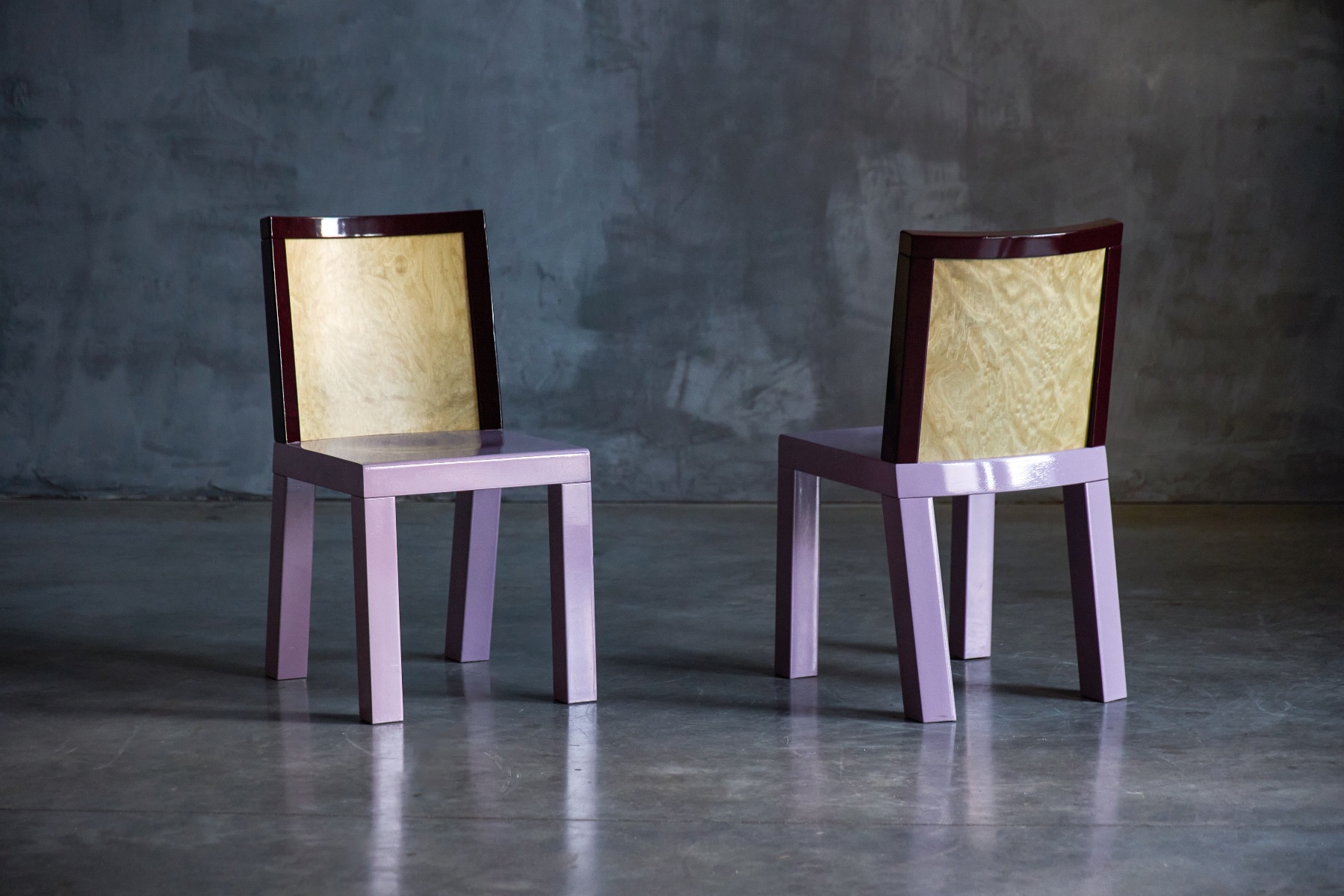 Bold pink chairs reflecting Sottsass Memphis influence