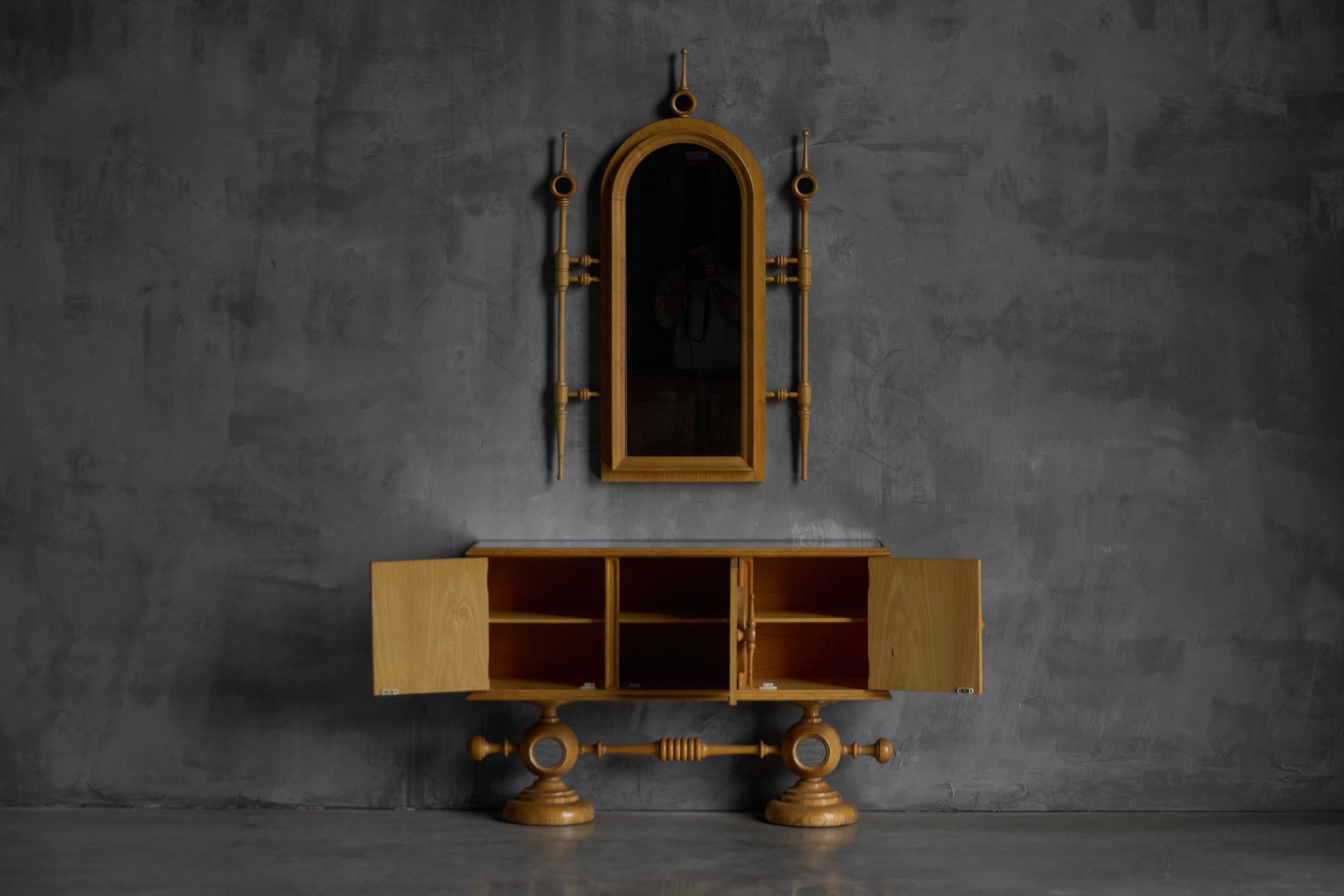 Warm toned wood architectural vanity mirror from France, mid twentieth century  
