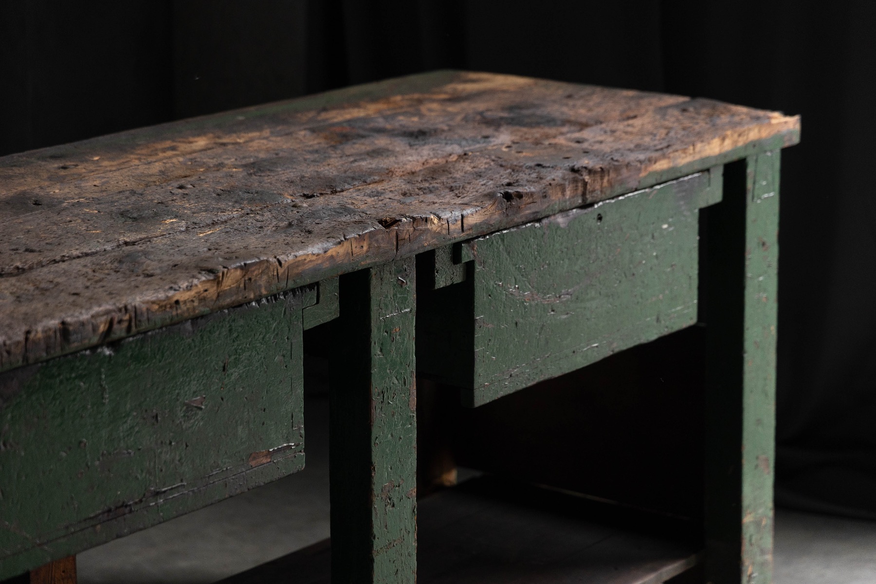 Antique industrial workbench crafted in solid wood