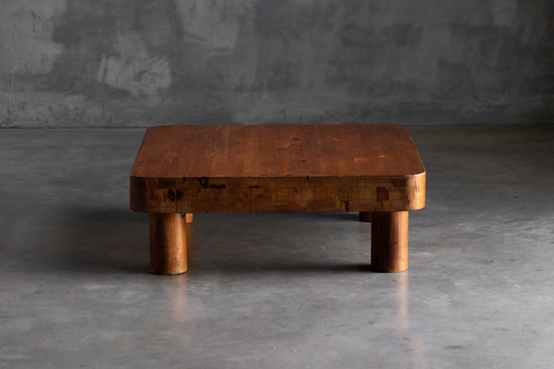 French brutalist low coffee table in solid pine