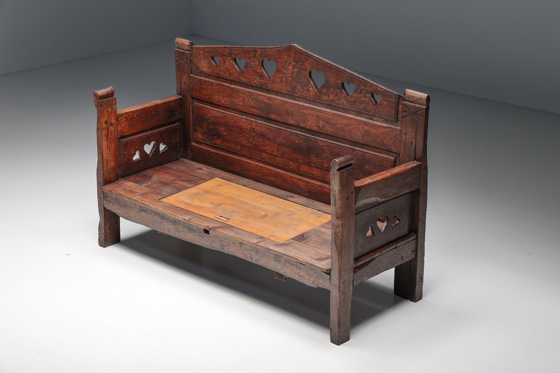 Handcrafted carved bench with storage in solid wood