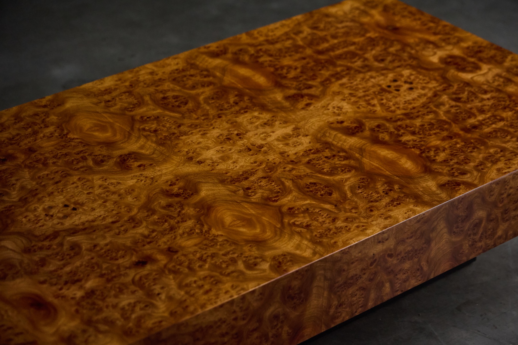 Mid century modern burlwood coffee table in the style of Willy Rizzo