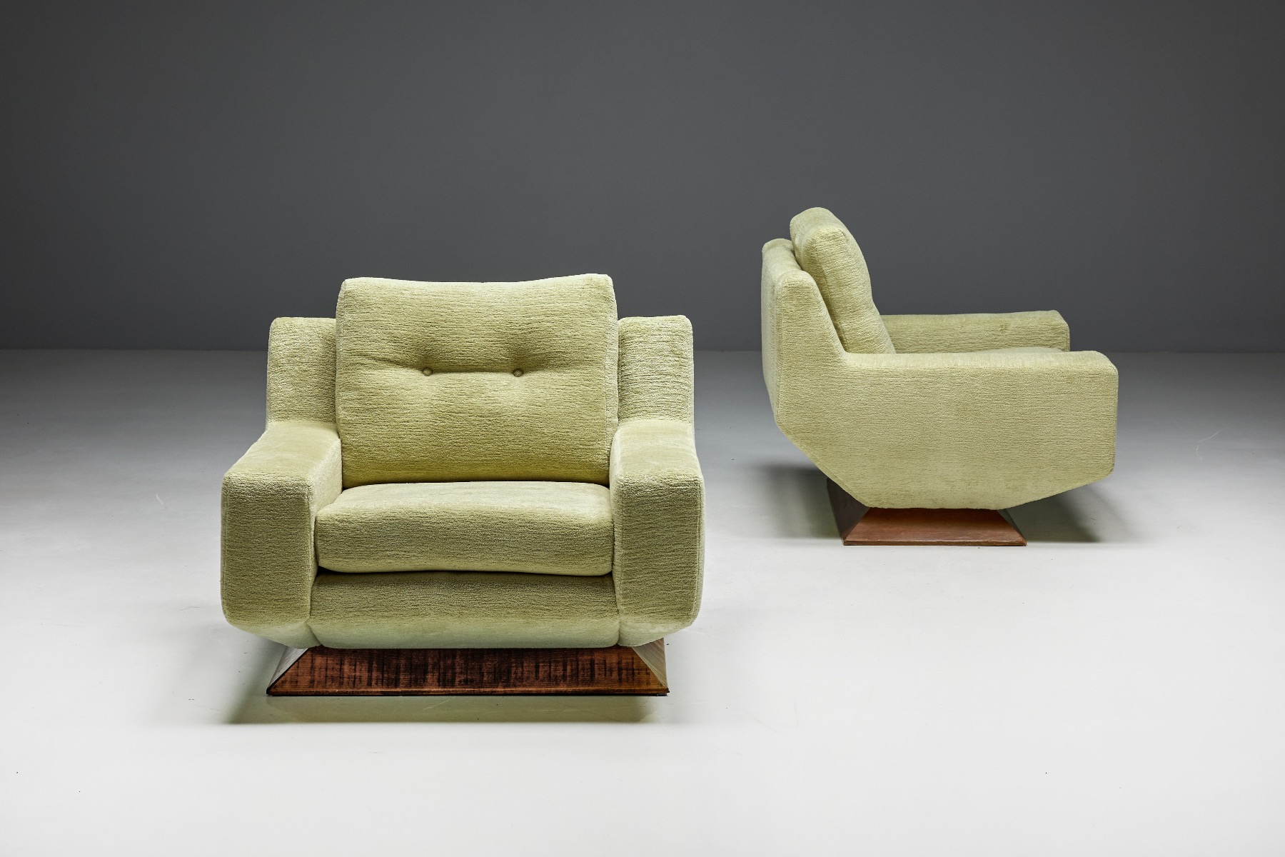 Mid century modern club chairs in chenille fabric