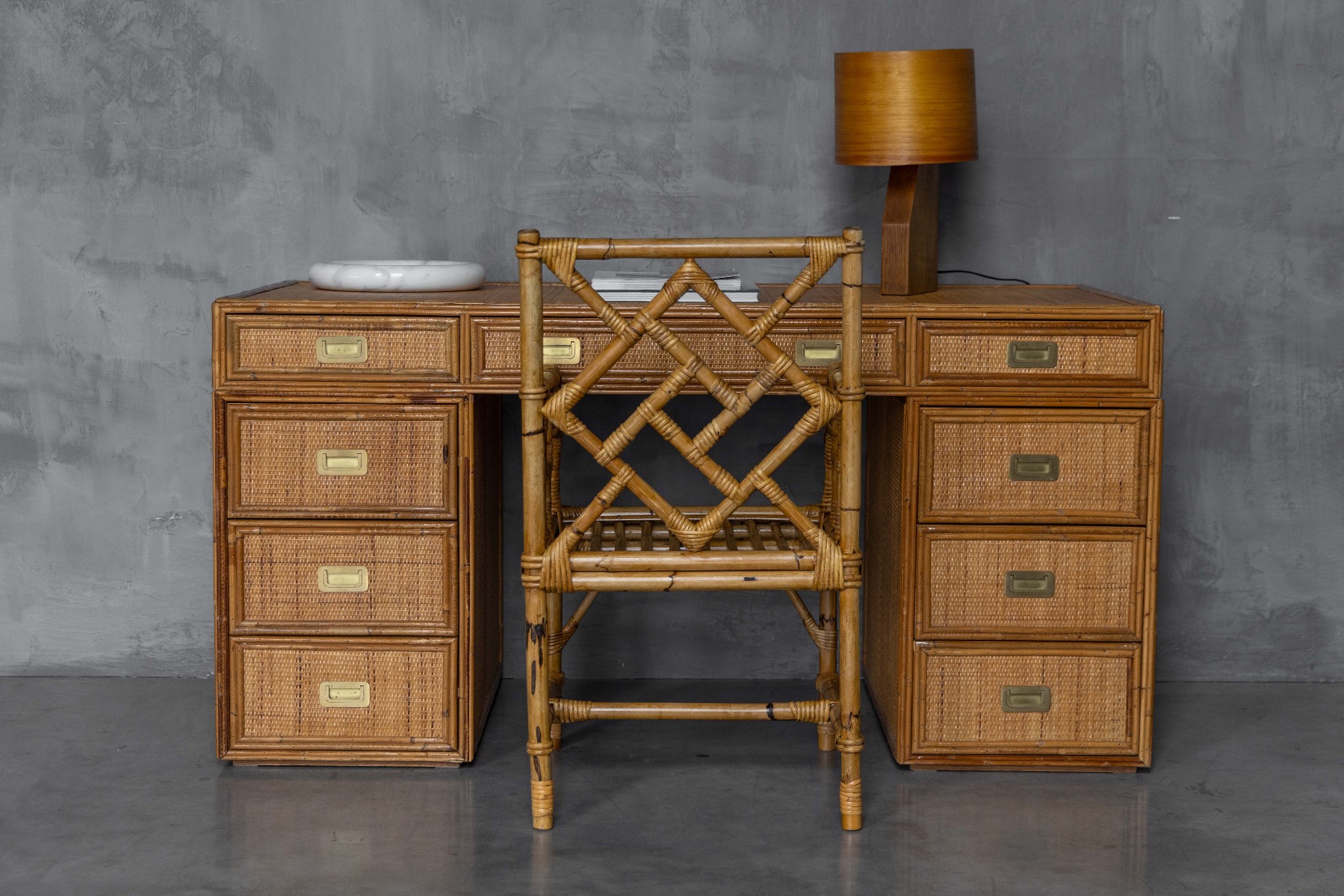 Modernist bamboo armchair reflecting Italian design aesthetics