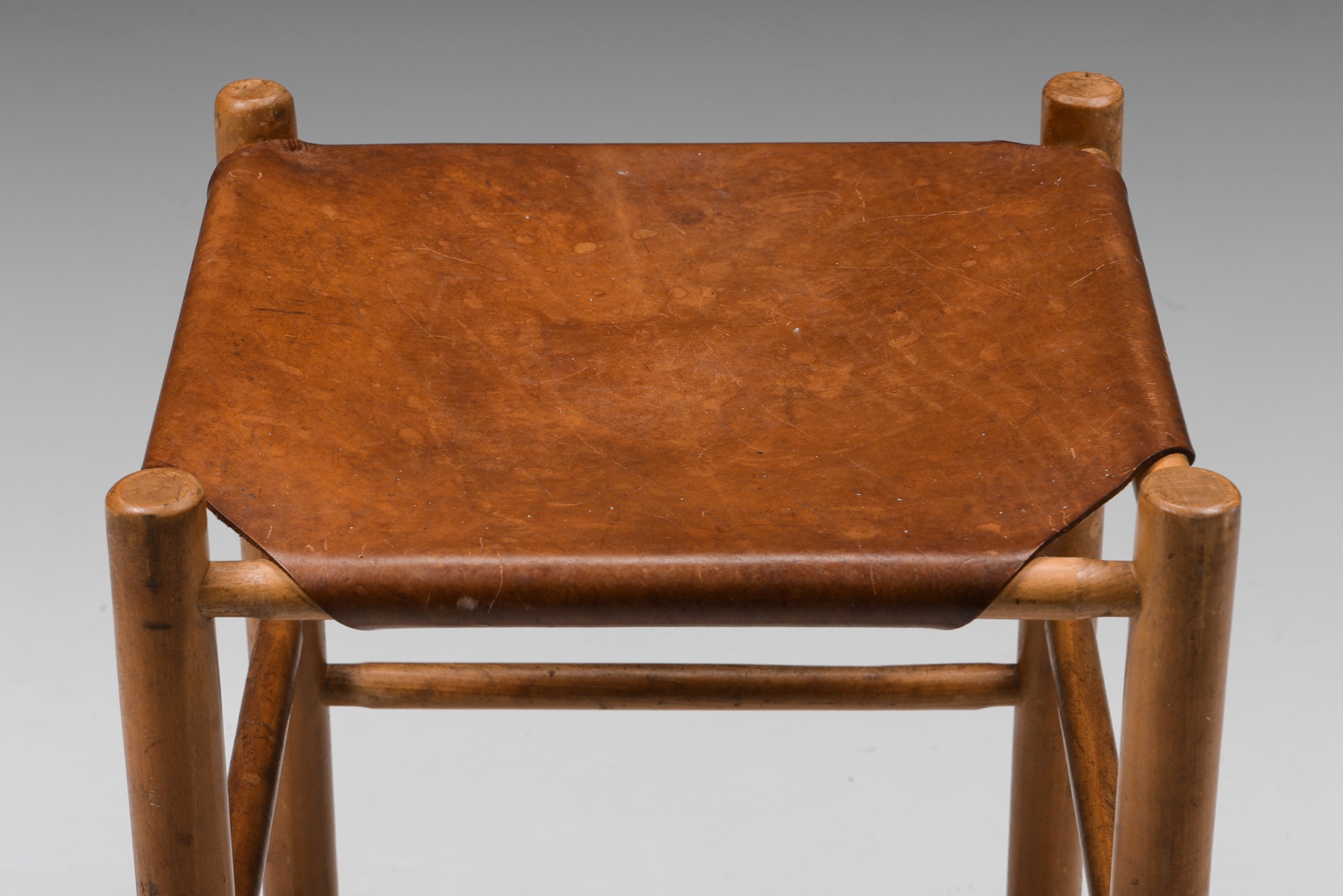 Retro French barstool with leather seat from the 1950s