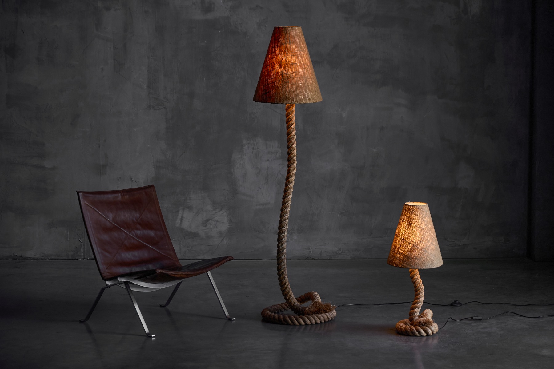 Rustic floor lamp with rope base and jute lampshade
