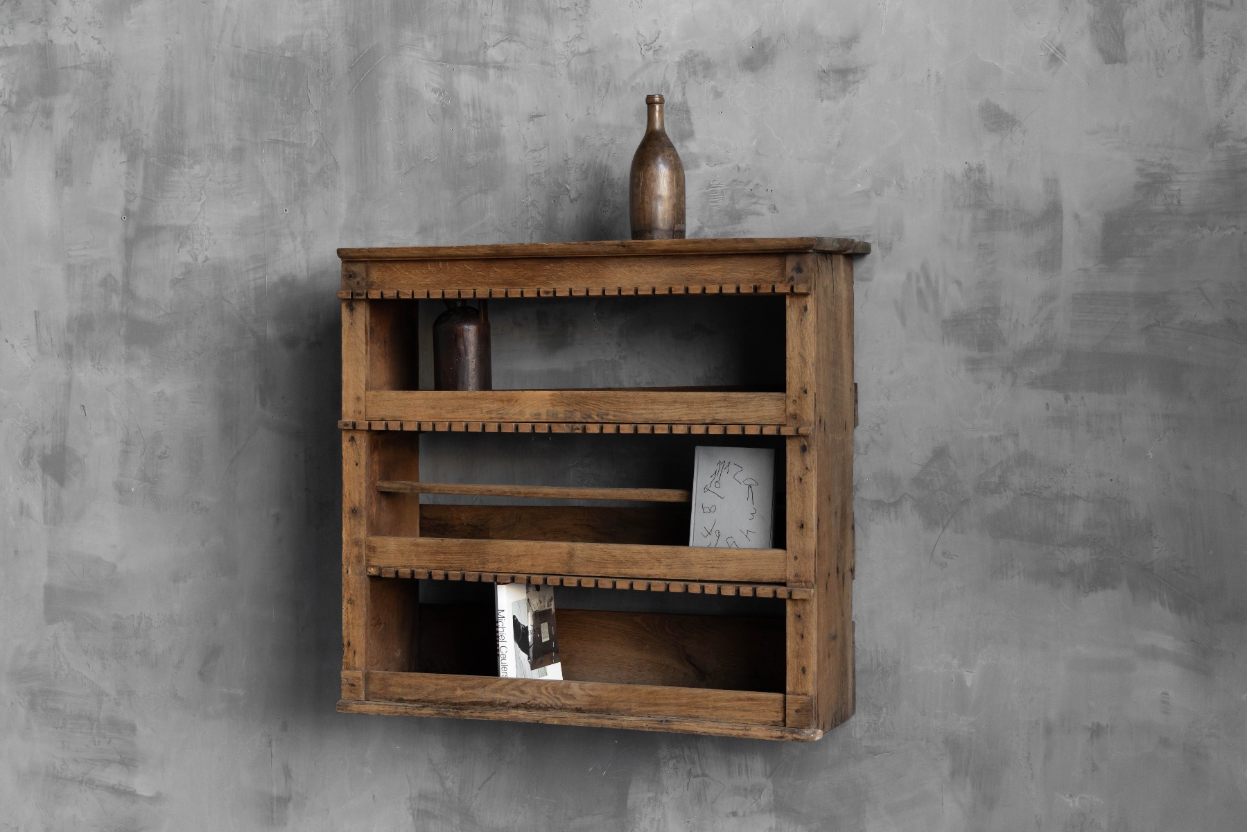 Rustic wooden wall shelf from France with aged patina, 19th century