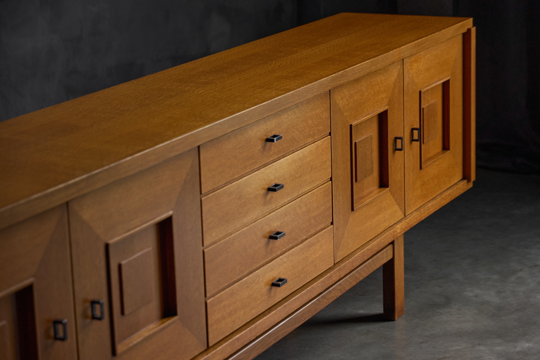 Sculptural brutalist oak sideboard with strong presence