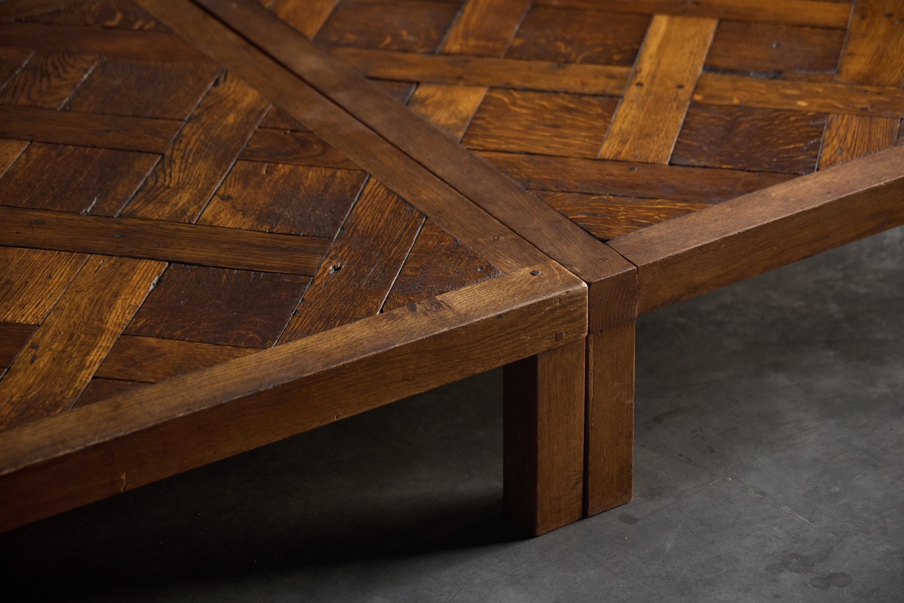 Sculptural brutalist coffee table with parquet surface