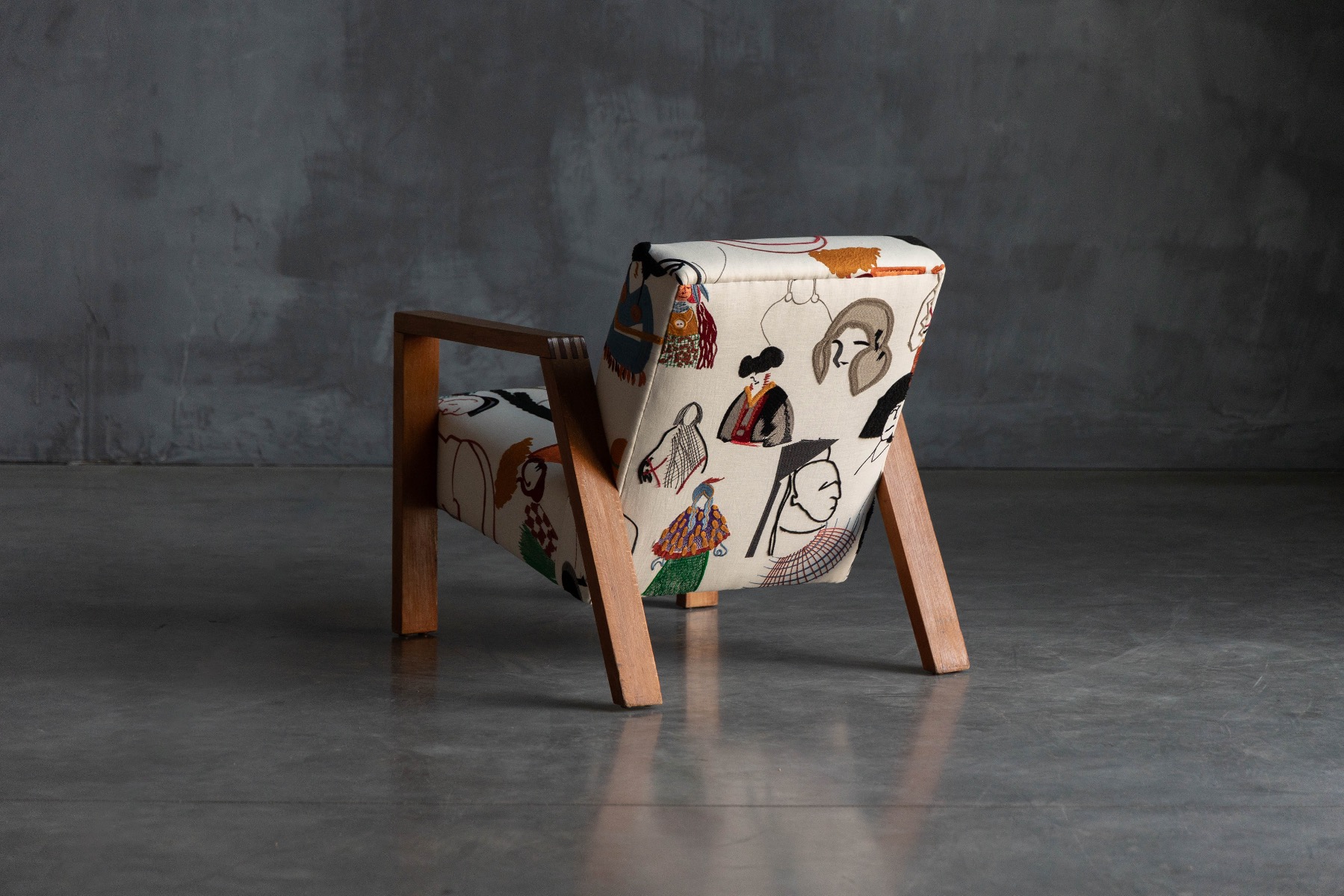 Designer Dutch modernist chair in Pierre Frey fabric
