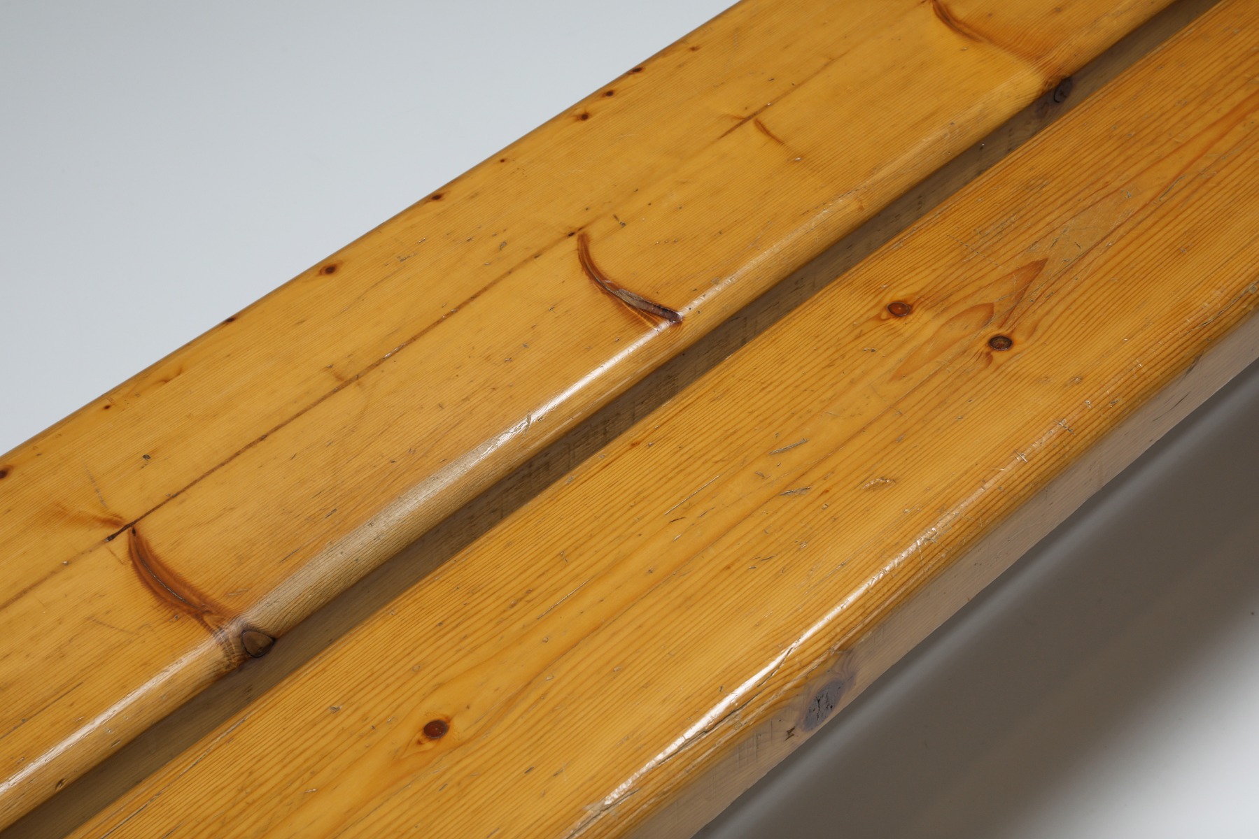 Designer pine bench by Charlotte Perriand from the 1970s