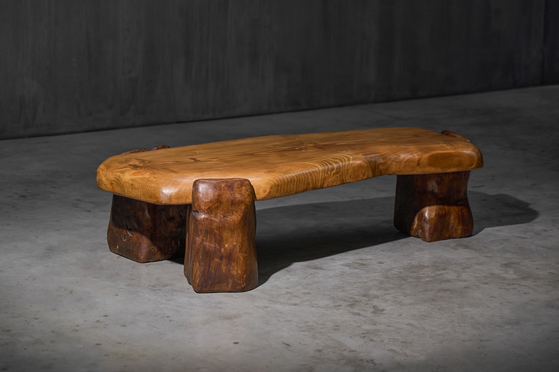 Hand sculpted brutalist coffee table in solid wood