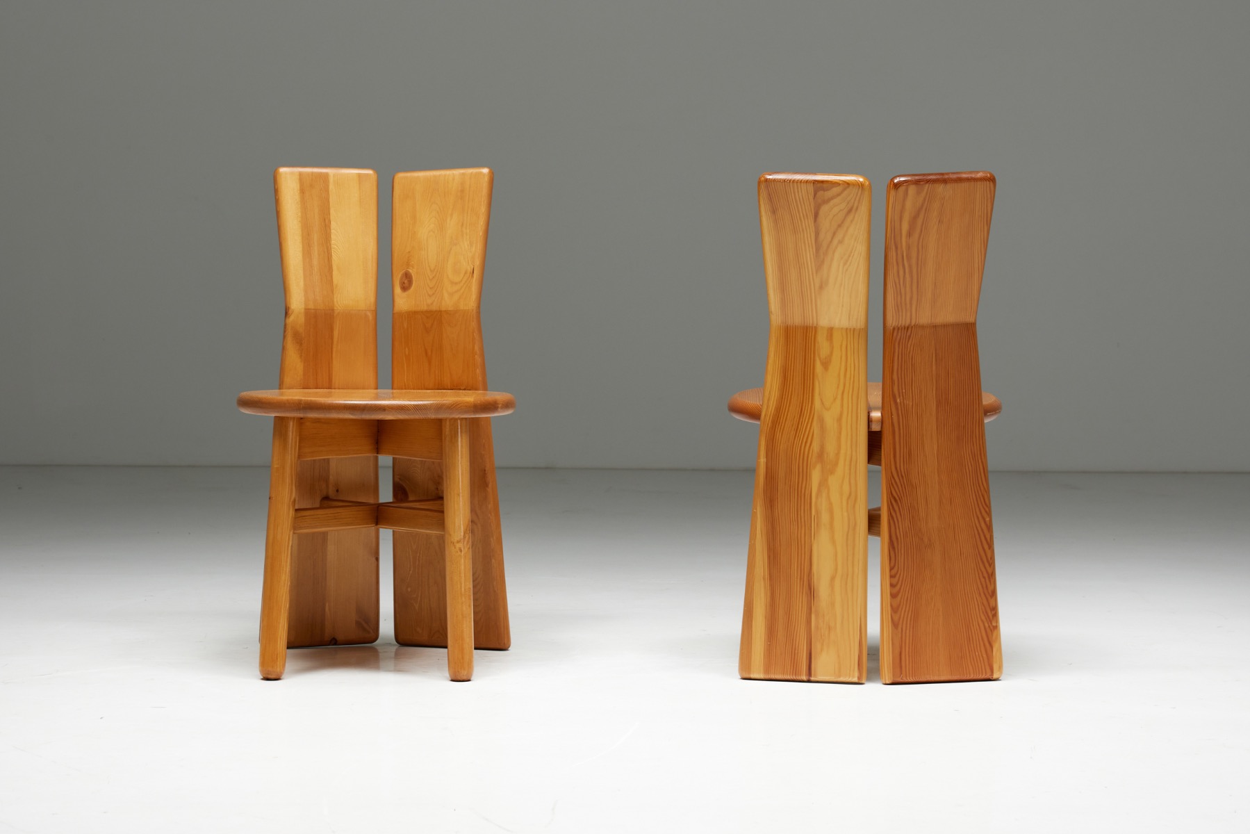 Handcrafted brutalist pine dining chairs from the 1970s