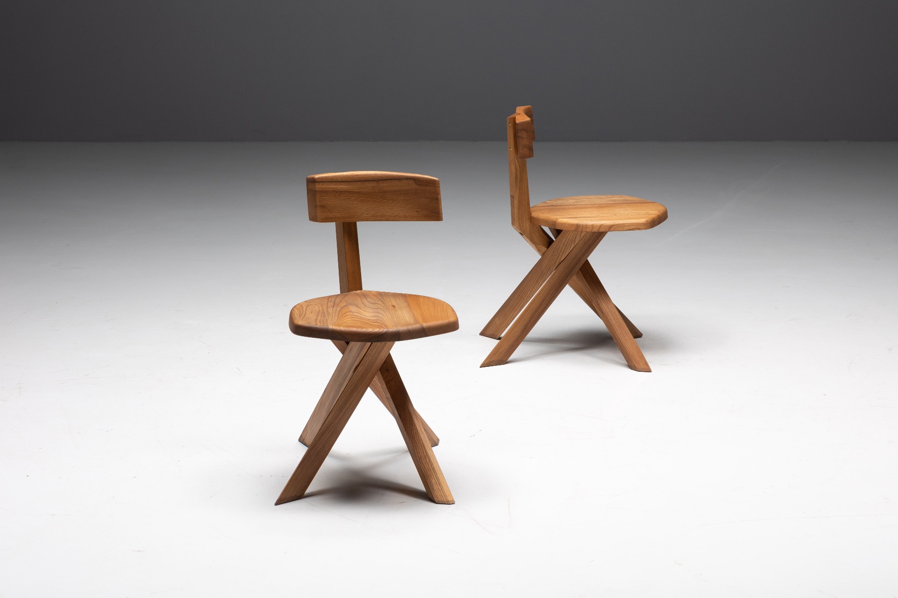 Handcrafted S34 dining chairs by Pierre Chapo in solid wood 1960s