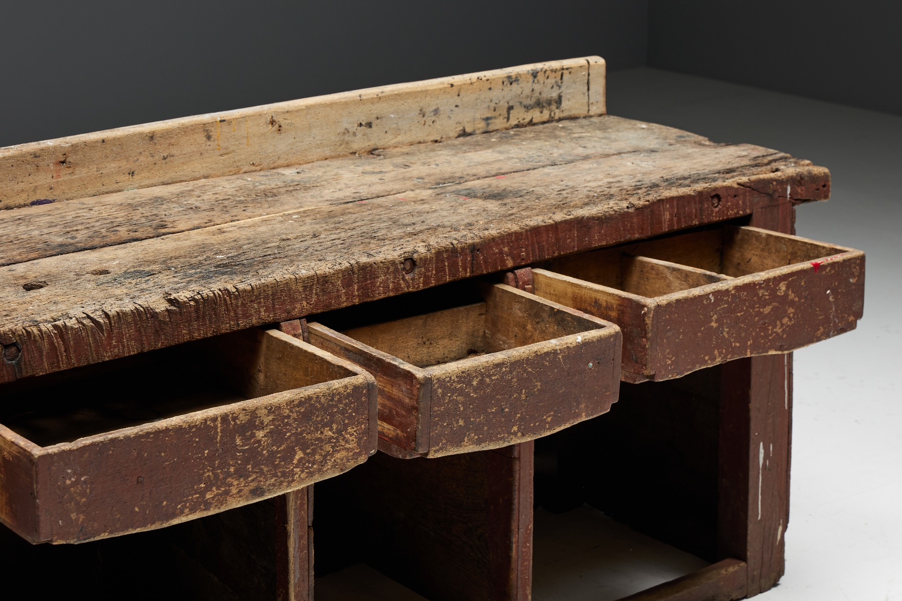 Handcrafted wooden workbench in folk style