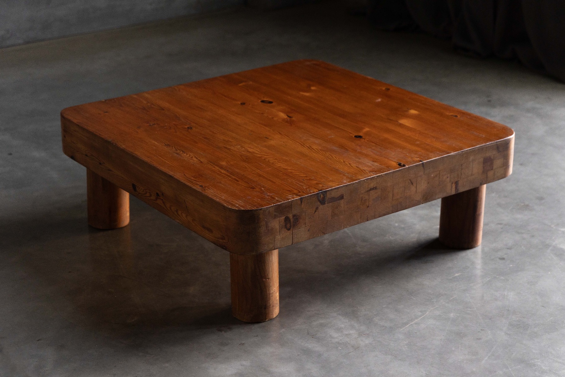 Low brutalist coffee table made from solid pine wood