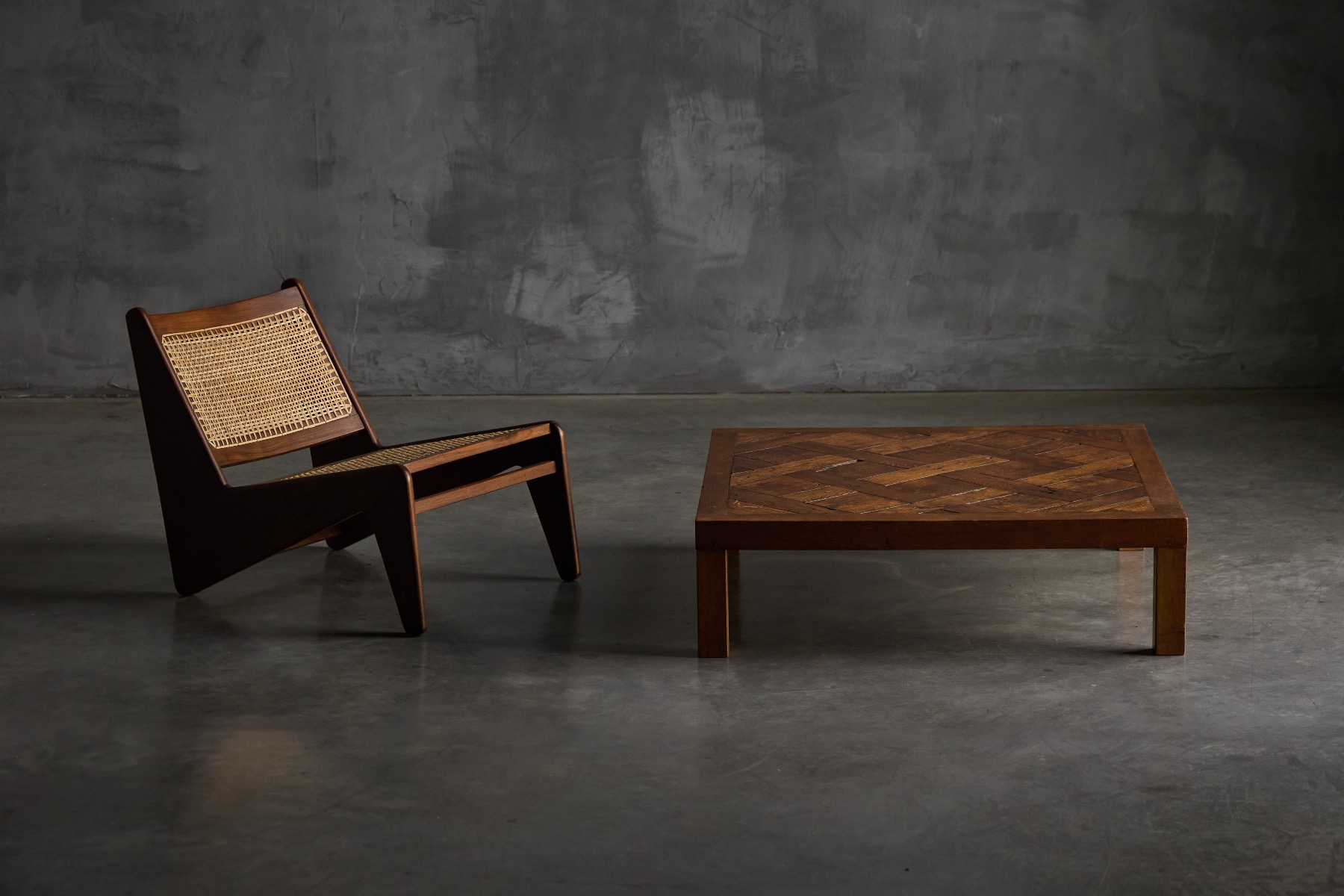 Seventies parquet coffee table with brutalist character