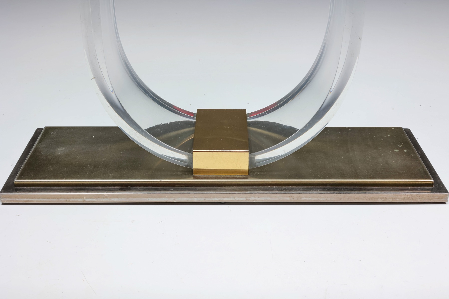 Sleek lucite and brass console table by Belgo Chrome design