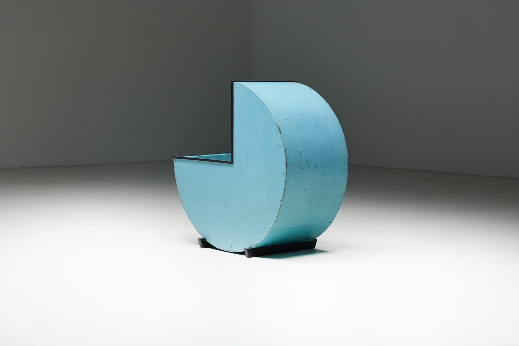 Traditional circular wooden cradle with blue finish